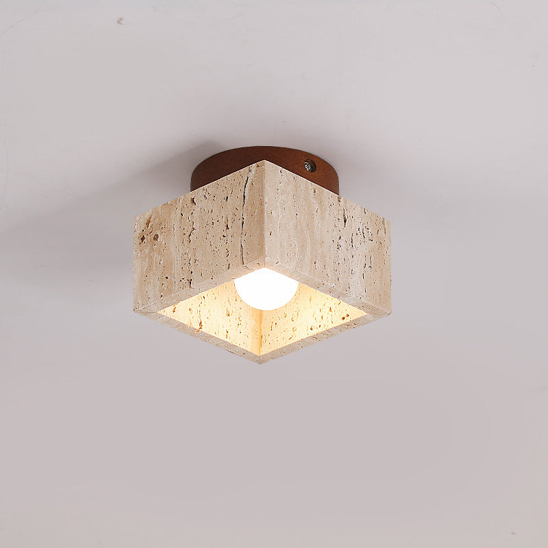 LumiCraft Japanisches Wabi-Sabi Säulen-Deckenlicht | Travertin & Holz | Semi-flächenbündige Montage