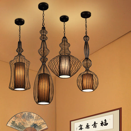CageCraft Industrial Pendelleuchte | Eisen-Käfig Design | Stoffschirm | Wohnzimmerlicht