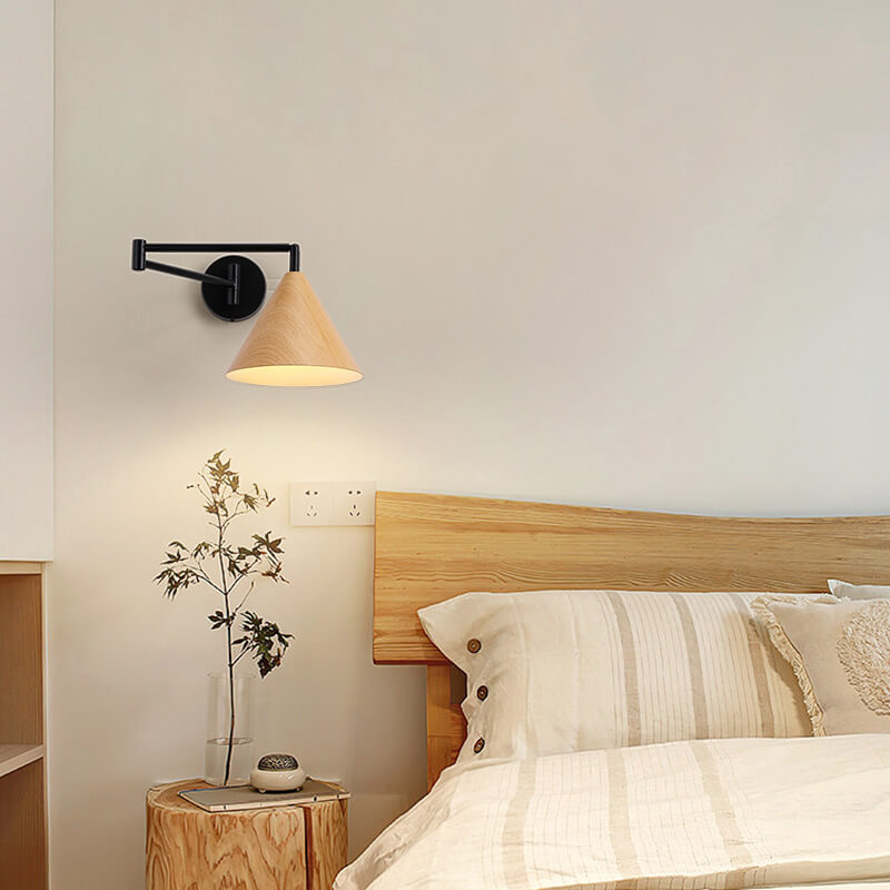 LumoNordic Minimalist Cone Swing Arm LED Wandlampe | Holzmaserung | Flexibler Schwenkarm | Stimmungslicht | Deko für Zuhause