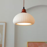 KyotoSphere Japanische Vintage Pendelleuchte | Gefaltete Keramik | Runde Holzkuppel | 1-flammig | Dekoratives Licht