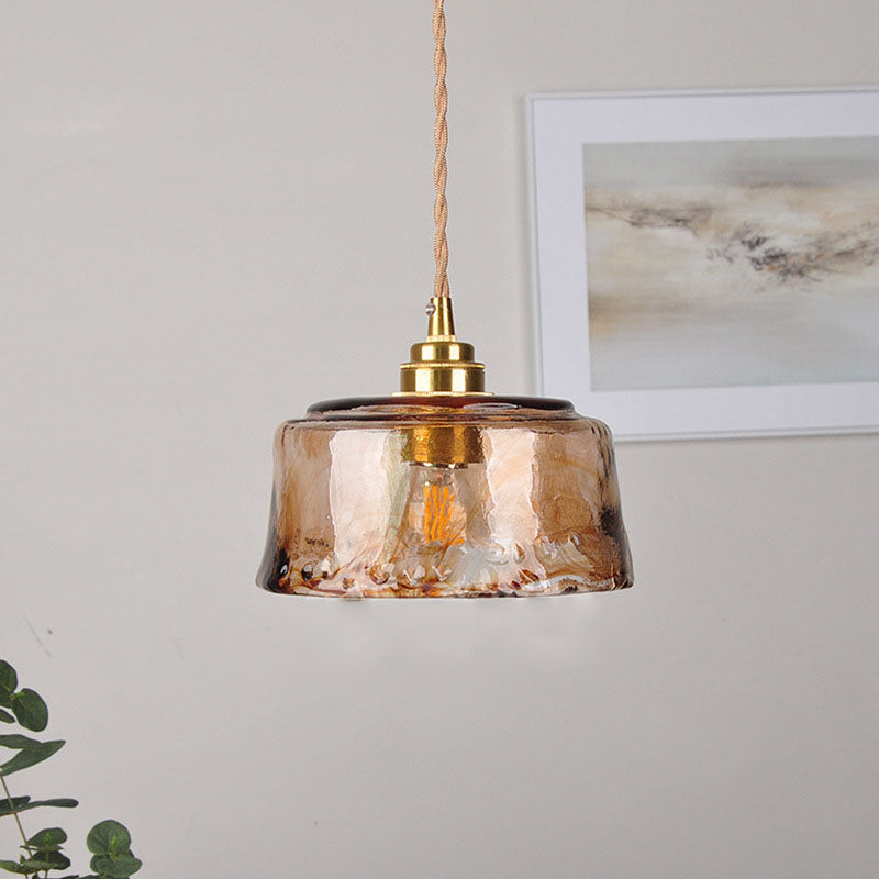 AuroraBrass Drum Pendelleuchte | Vintage-Design | Amberglas & Messing | Hochwertige Innenbeleuchtung