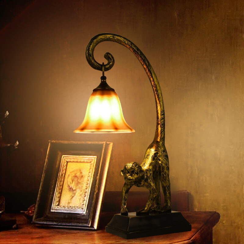 MonkeyLume Vintage Tischlampe | Kreatives Harz-Design | Kegelförmiger Glasschirm | 1-Licht Deko Lampe