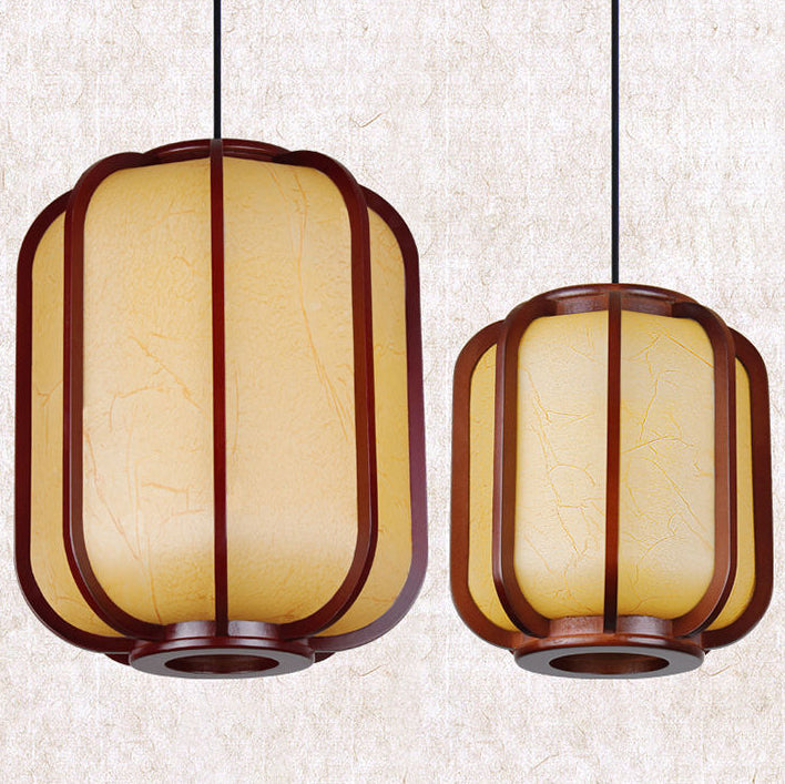 LuxoraChic Modernes Chinesisches Design Pendelleuchte | Faux-Schaffell | Holz-Laterne | LED-Beleuchtung für Zuhause