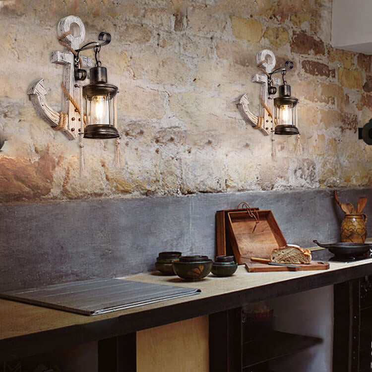 Nautica Vintage Anker Wandleuchte | Industrieller Stil | Solides Holz | Einflammige Lampe | Dekorative Beleuchtung für Zuhause