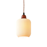 KyotoSphere Japanische Vintage Pendelleuchte | Gefaltete Keramik | Runde Holzkuppel | 1-flammig | Dekoratives Licht