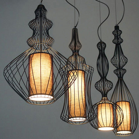 CageCraft Industrial Pendelleuchte | Eisen-Käfig Design | Stoffschirm | Wohnzimmerlicht