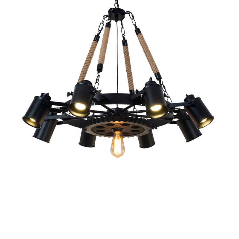 GearLume Retro Industrial Kronleuchter | Eisen-Design | Hanfseil-Lampen | 6/8/10 Leuchten | Vintage Beleuchtung