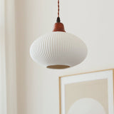KyotoSphere Japanische Vintage Pendelleuchte | Gefaltete Keramik | Runde Holzkuppel | 1-flammig | Dekoratives Licht