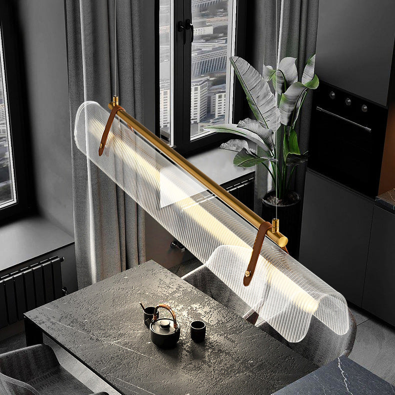 BrightAether ArcLED Pendelleuchte | Minimalistisch | Leder & Acryl | Lineares Design | Dimmbar | Stilvolle Beleuchtung für Essbereiche