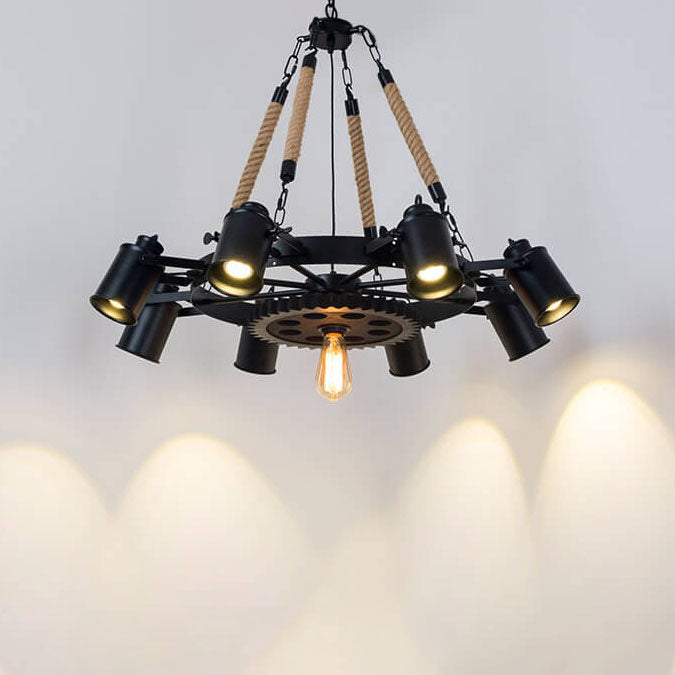 GearLume Retro Industrial Kronleuchter | Eisen-Design | Hanfseil-Lampen | 6/8/10 Leuchten | Vintage Beleuchtung
