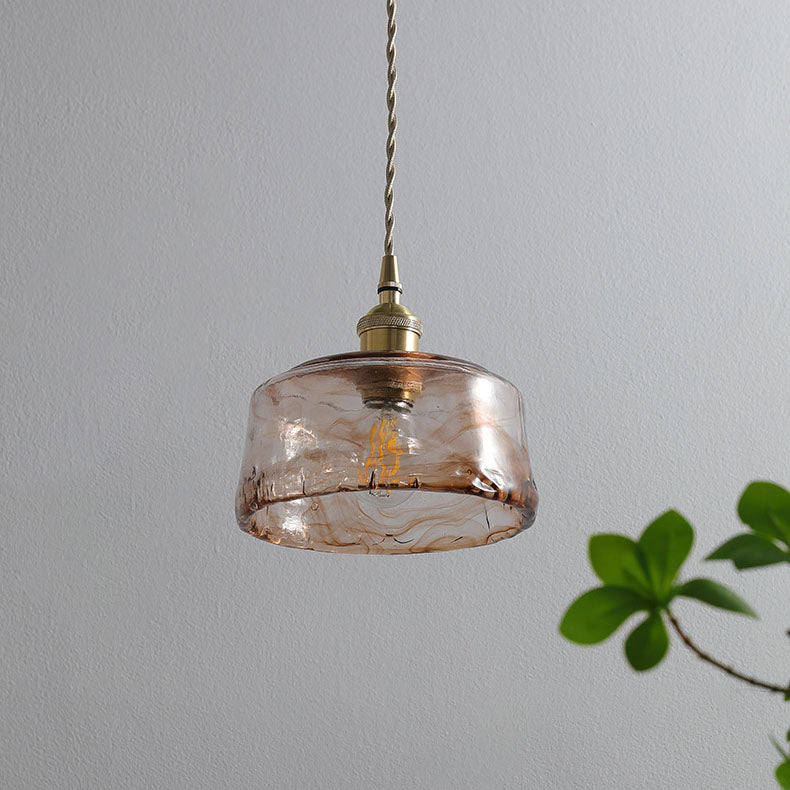AuroraBrass Drum Pendelleuchte | Vintage-Design | Amberglas & Messing | Hochwertige Innenbeleuchtung