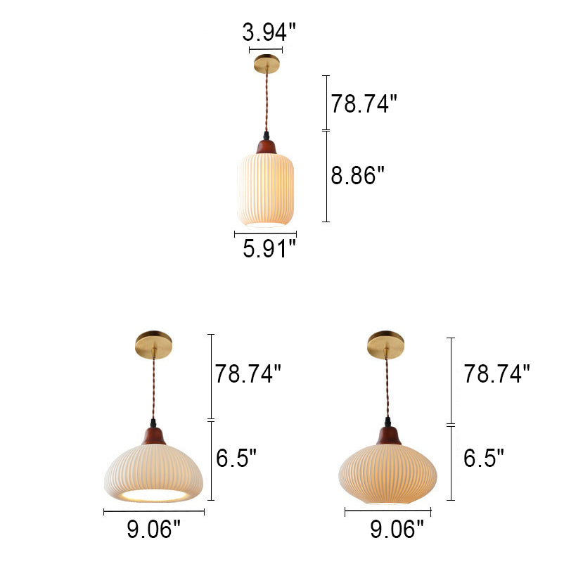 KyotoSphere Japanische Vintage Pendelleuchte | Gefaltete Keramik | Runde Holzkuppel | 1-flammig | Dekoratives Licht