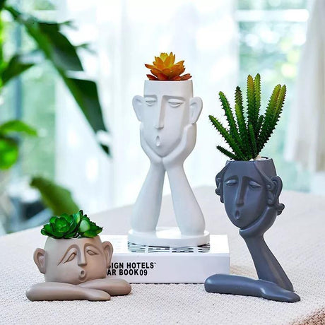 EmotionFaces Keramik Pflanztopf-Skulpturen Trio | Künstlerisches Design | Dekorative Pflanzgefäße
