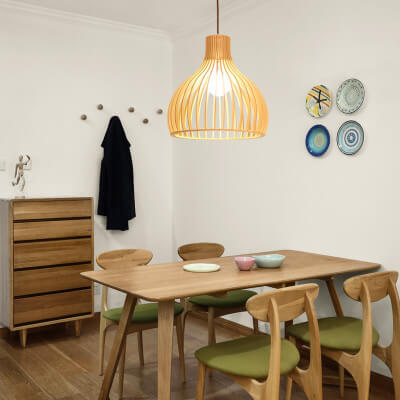 HikariWood Japanische Pendelleuchte | Modernes Holzdesign | 1-flammige LED-Hängeleuchte | Zeitlose Eleganz