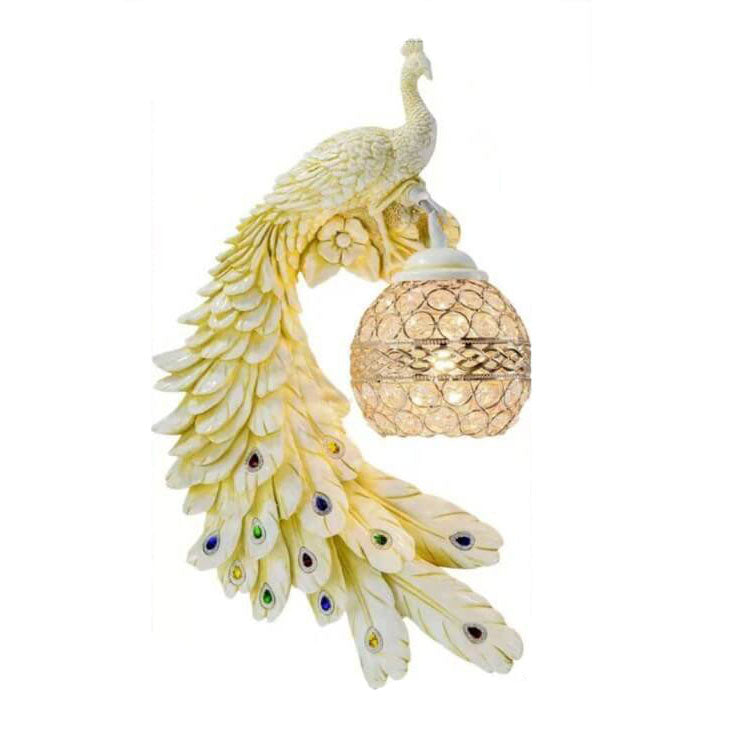 RoyalGlow Vintage Wandlampe mit Pfauenmotiv | Kristallkugel-Schirm | Wandleuchte im klassischen Design