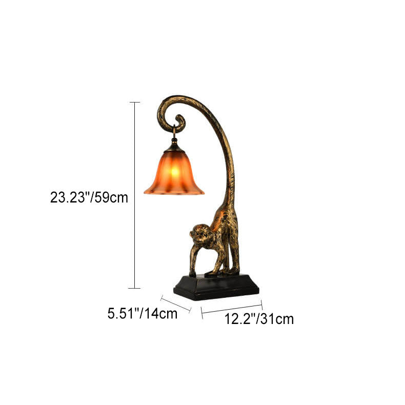 MonkeyLume Vintage Tischlampe | Kreatives Harz-Design | Kegelförmiger Glasschirm | 1-Licht Deko Lampe