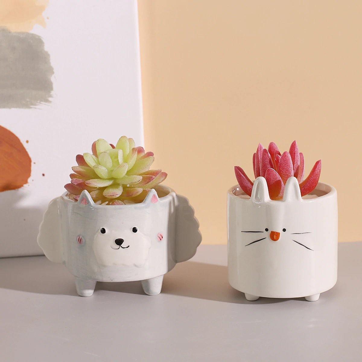 PlanterPets Keramik Tier-Übertopf Set | Quadratische Sukkulententöpfe | Ideal für Innenräume & Dekoration