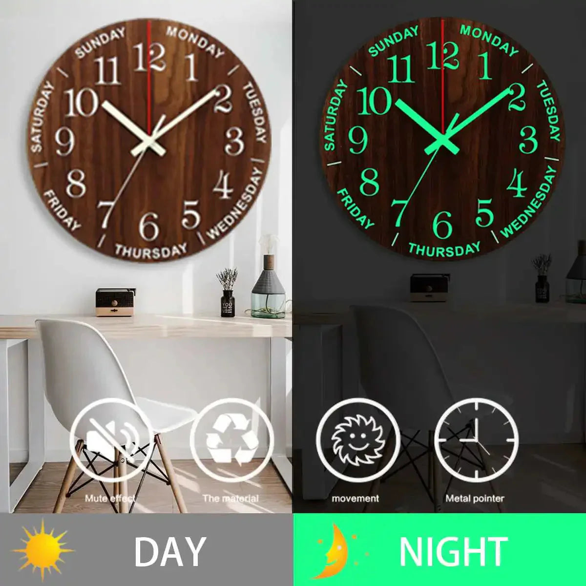Glowtic Leuchtende Wanduhr | Holzdesign | Geräuschlos | Nachtlicht | Nordischer Stil | Geschenkidee