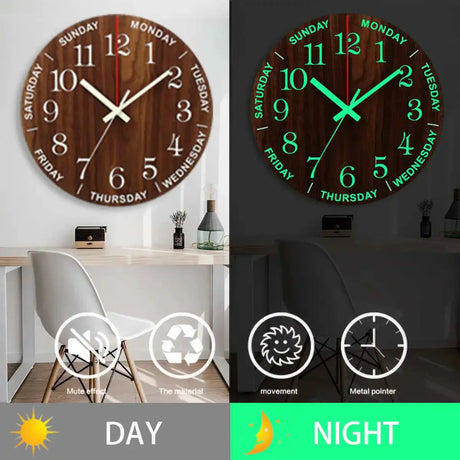 Glowtic Leuchtende Wanduhr | Holzdesign | Geräuschlos | Nachtlicht | Nordischer Stil | Geschenkidee