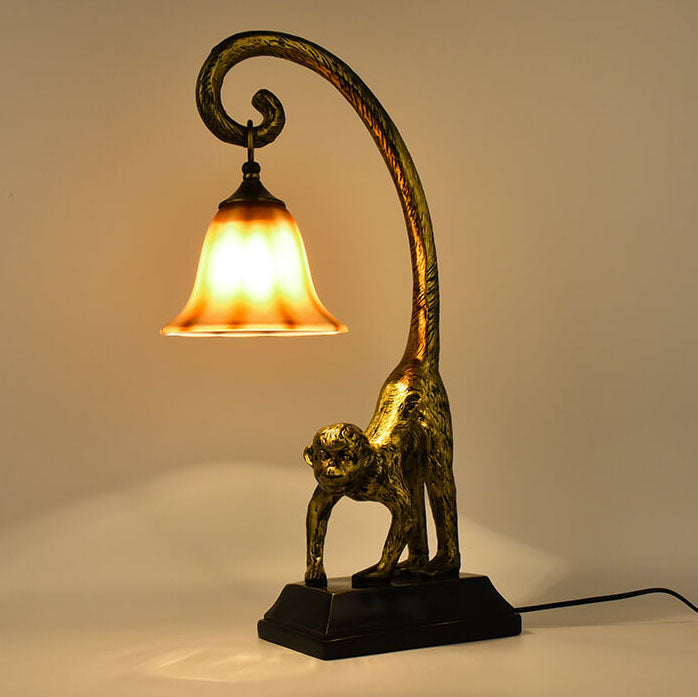 MonkeyLume Vintage Tischlampe | Kreatives Harz-Design | Kegelförmiger Glasschirm | 1-Licht Deko Lampe