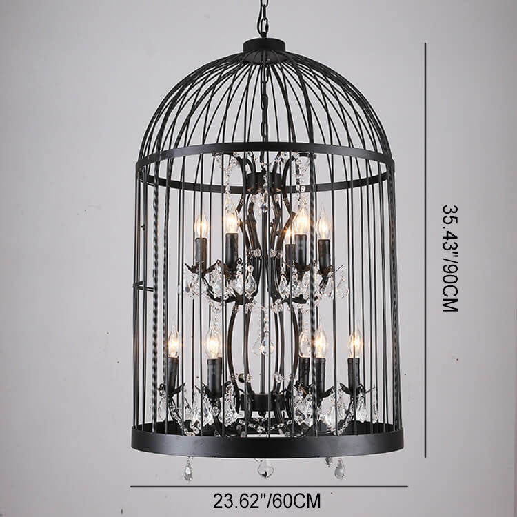 CageLust Retro Kronleuchter | Schmiedeeisen Vogelkäfig-Design | 4/8/12-flammige Hängeleuchte | Vintage Eleganz