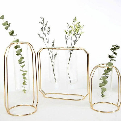 FloraFloat Eisen-Glas-Geometrische Vase | Schwebe-Design für Pflanzenvermehrung & Dekoration | In Gold & Rosébraun | Verschiedene Größen