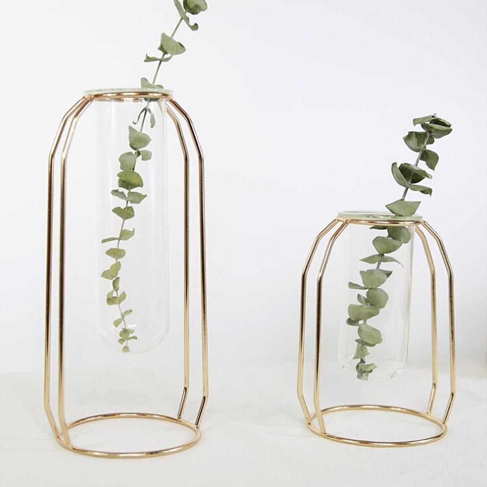 FloraFloat Eisen-Glas-Geometrische Vase | Schwebe-Design für Pflanzenvermehrung & Dekoration | In Gold & Rosébraun | Verschiedene Größen