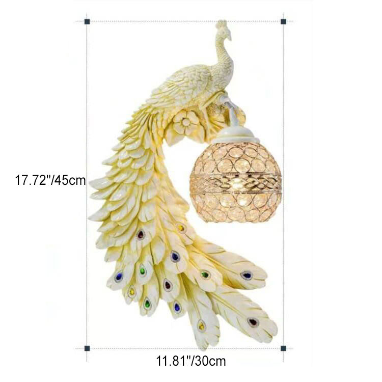 RoyalGlow Vintage Wandlampe mit Pfauenmotiv | Kristallkugel-Schirm | Wandleuchte im klassischen Design