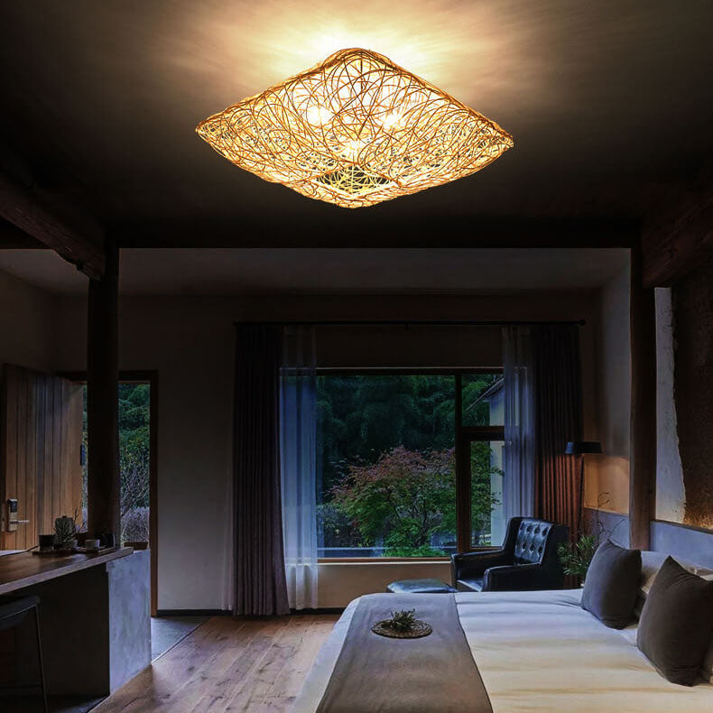 Nestoria Deckenleuchte | Modernes Rattan Nest-Design | Quadratische 3-Licht Flush-Mount Lampe | Elegante Beleuchtung für Wohnräume