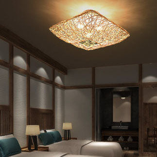 Nestoria Deckenleuchte | Modernes Rattan Nest-Design | Quadratische 3-Licht Flush-Mount Lampe | Elegante Beleuchtung für Wohnräume
