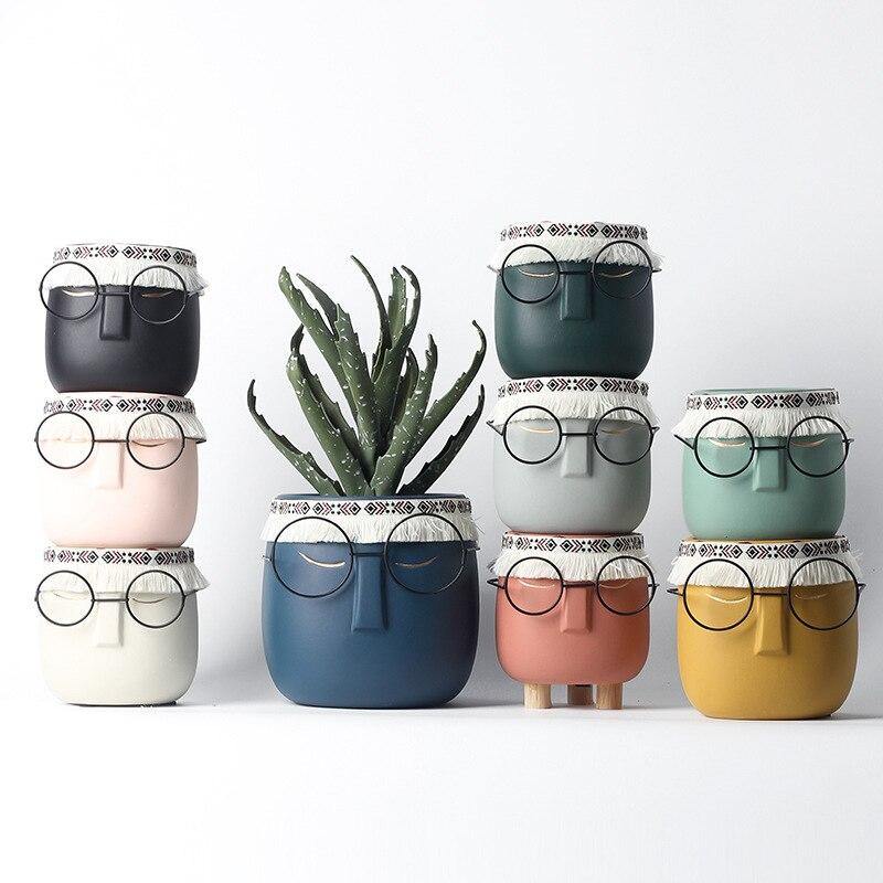 FaceArt Keramik Blumentopf mit Brille & Stirnband | Modernes Design | Dekorative Pflanzenvase