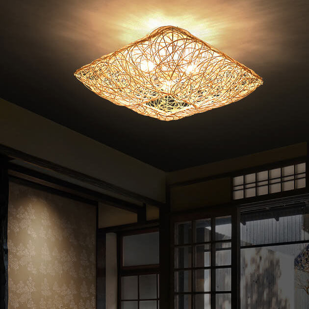 Nestoria Deckenleuchte | Modernes Rattan Nest-Design | Quadratische 3-Licht Flush-Mount Lampe | Elegante Beleuchtung für Wohnräume