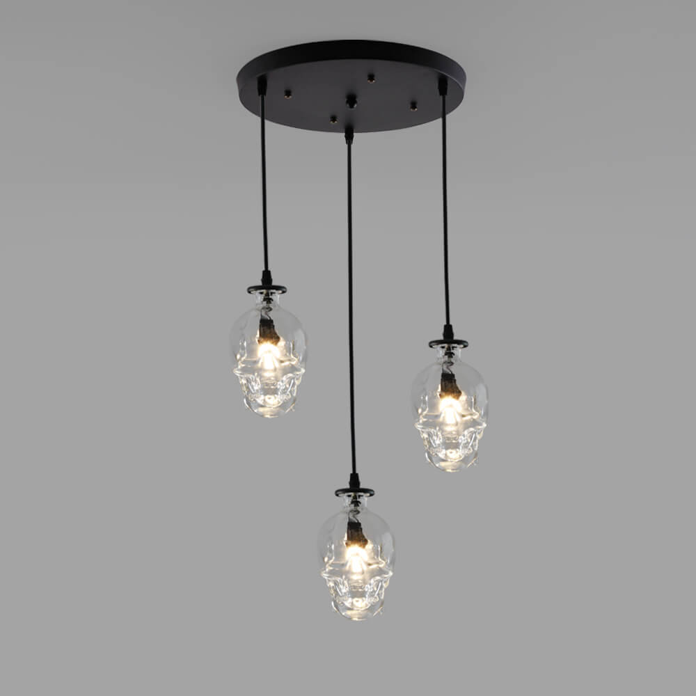 LunaVortex Skull Glas Kronleuchter | 3-Licht Design | Stilvolle Beleuchtung | Einzigartige Dekoration für Esszimmer & Wohnzimmer