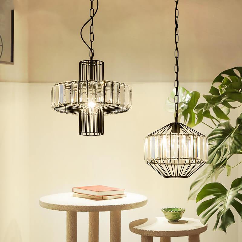 CageLuxe Vintage Pendelleuchte | Geometrisches Vogelkäfig-Design | 1-flammige Hängelampe aus Schmiedeeisen