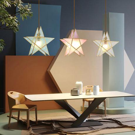 LumoStar Pendelleuchte | Glas mit Wasserstruktur | 1-flammige Sternförmige Hängeleuchte | Modern & Farbig