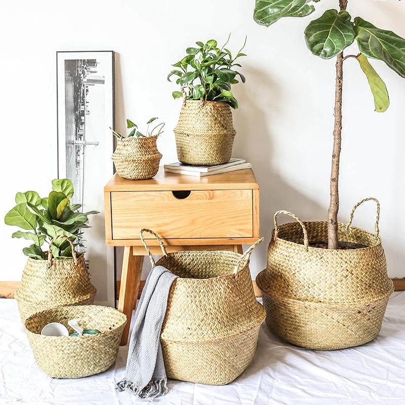 RattaStyle Handgefertigter Rattan-Pflanzkorb oder Aufbewahrungskorb mit Griffen | Modern & Vielseitig | Deko für Zuhause