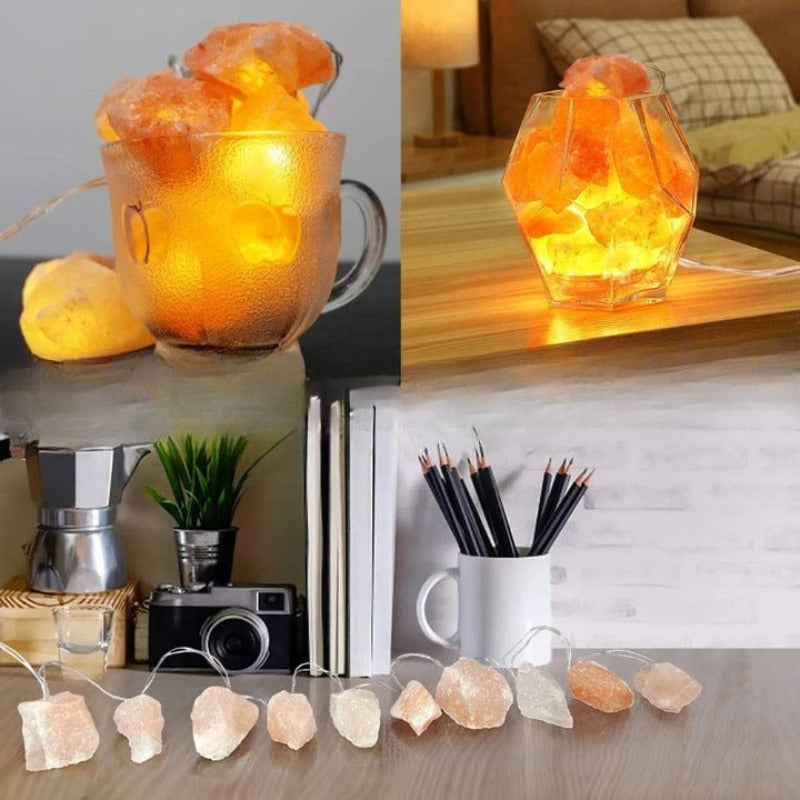 SolaraGleam Himalaya Salz Lichterkette | Warmes Bernsteinlicht | Tragbare Natur Kristall Dekoration für Zuhause
