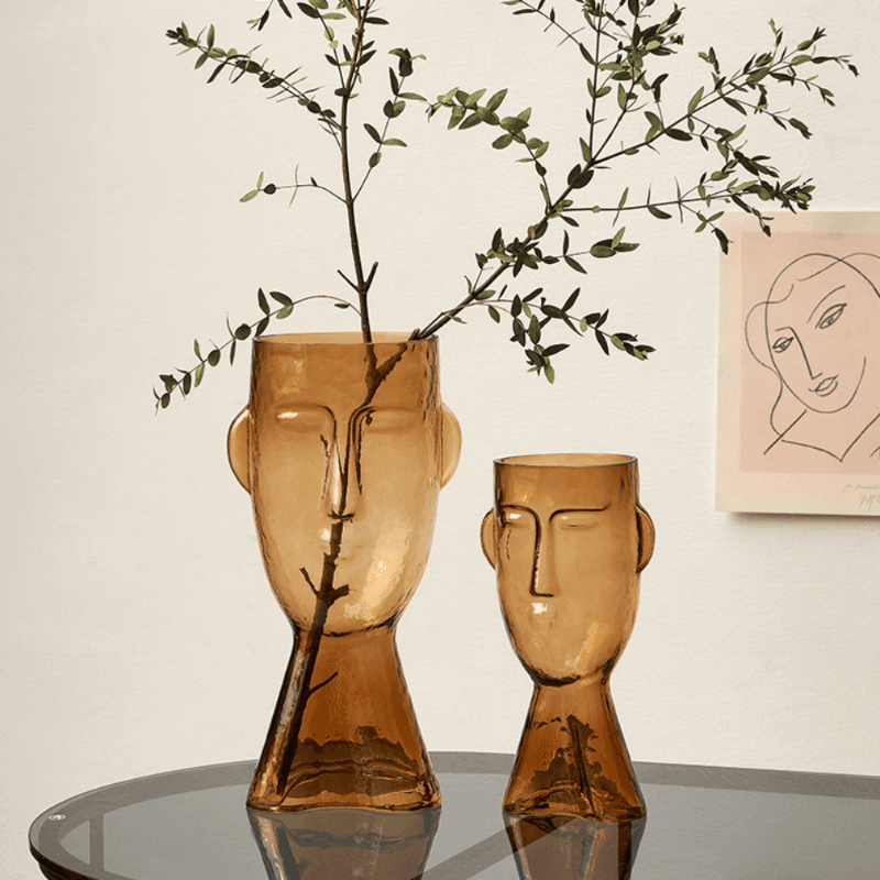 Visari Glas Vase mit Gesichtsmotiv | Handgefertigt | Kunstvolles Design | Dekoration für Zuhause