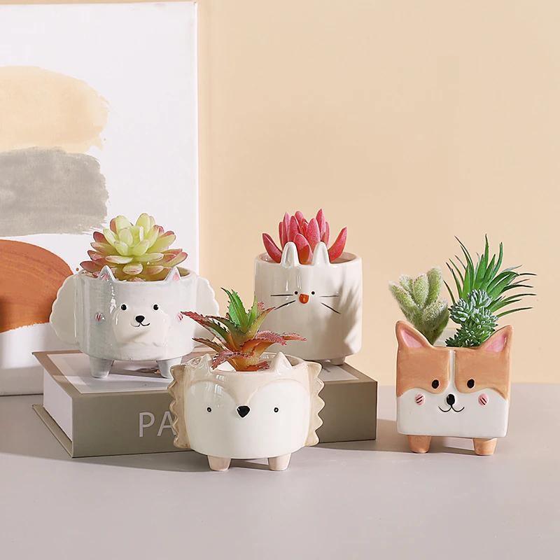 PlanterPets Keramik Tier-Übertopf Set | Quadratische Sukkulententöpfe | Ideal für Innenräume & Dekoration