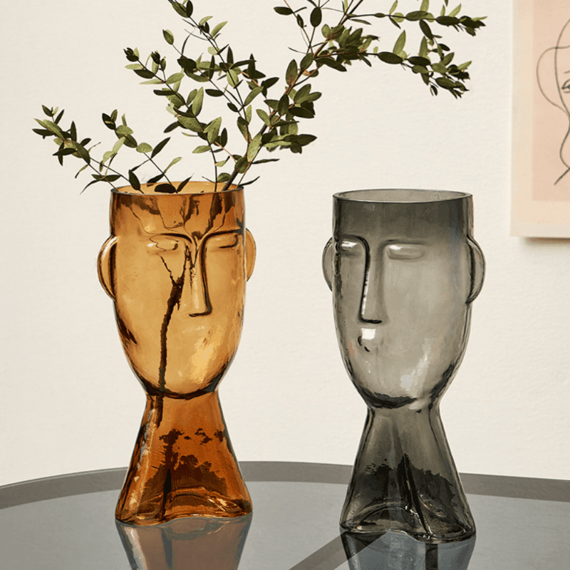 Visari Glas Vase mit Gesichtsmotiv | Handgefertigt | Kunstvolles Design | Dekoration für Zuhause