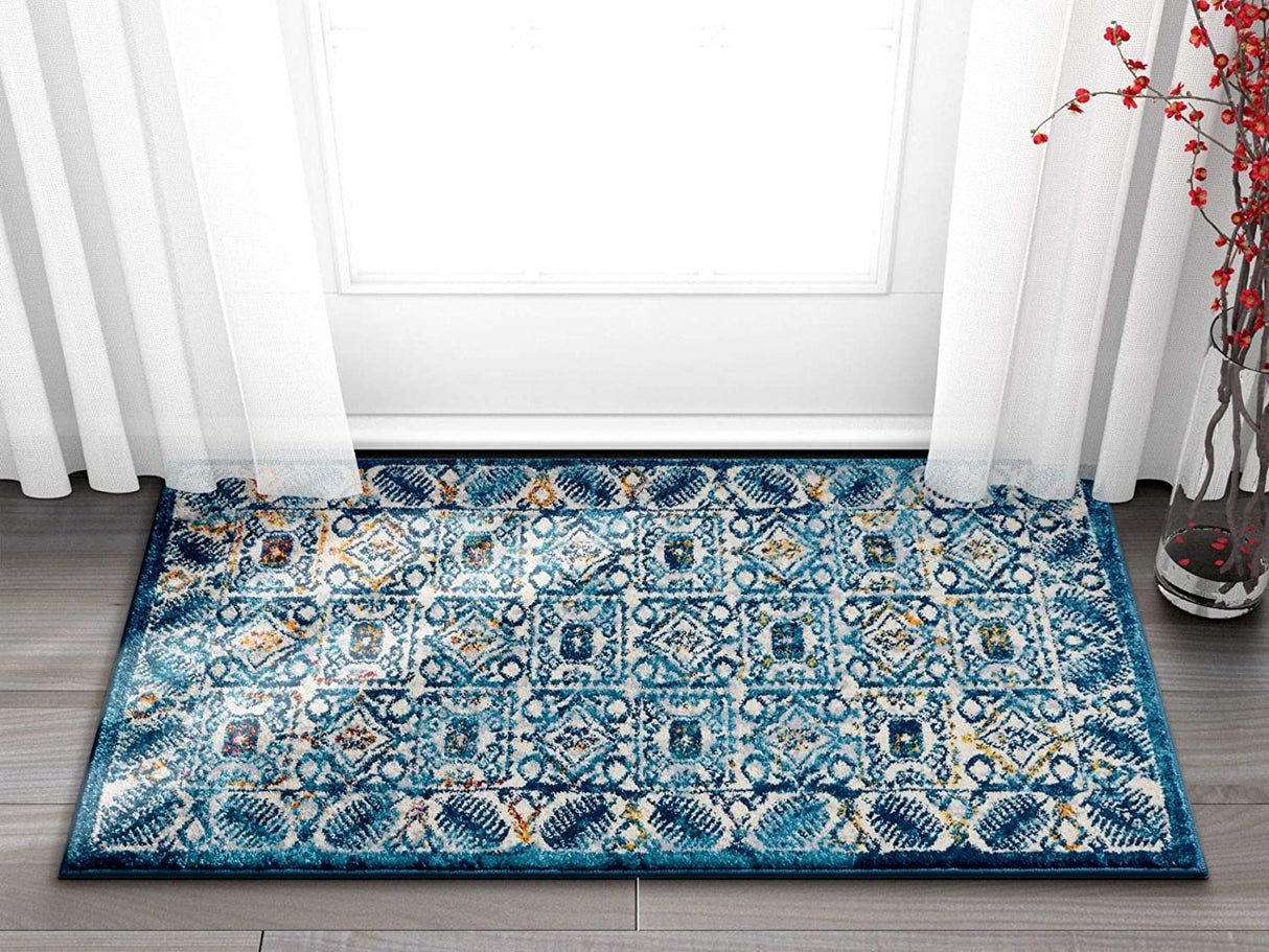 BlueBloom Vintage Teppich | Blumenmuster in Blau | Eleganz für Wohnzimmer & Flur | Pflegeleicht & Weich