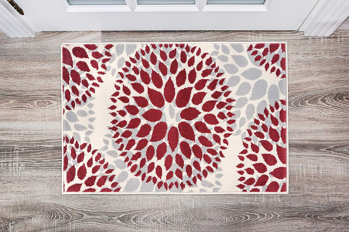 BloomNove Elegance Teppich | Grau & Rot | Blumendesign | Pflegeleicht & Modern