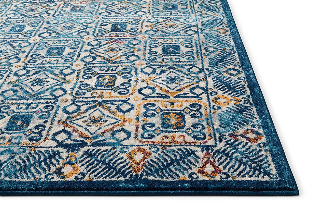 BlueBloom Vintage Teppich | Blumenmuster in Blau | Eleganz für Wohnzimmer & Flur | Pflegeleicht & Weich