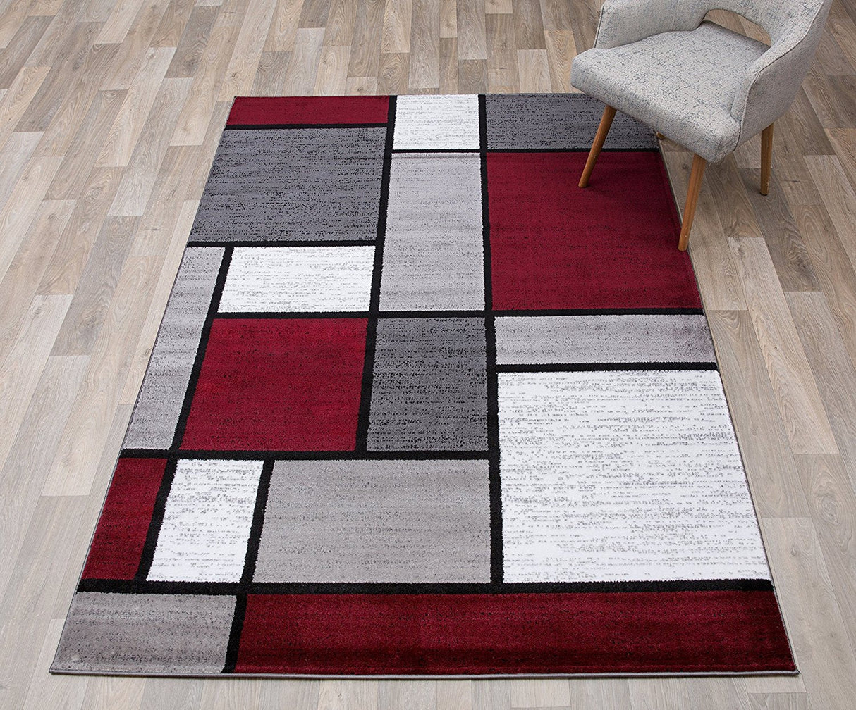 TeppiLux Modern Box Design Teppich | Rot, Grau & Weiß | Wohn- & Schlafzimmer | Pflegeleicht & Rutschfest