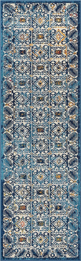 BlueBloom Vintage Teppich | Blumenmuster in Blau | Eleganz für Wohnzimmer & Flur | Pflegeleicht & Weich
