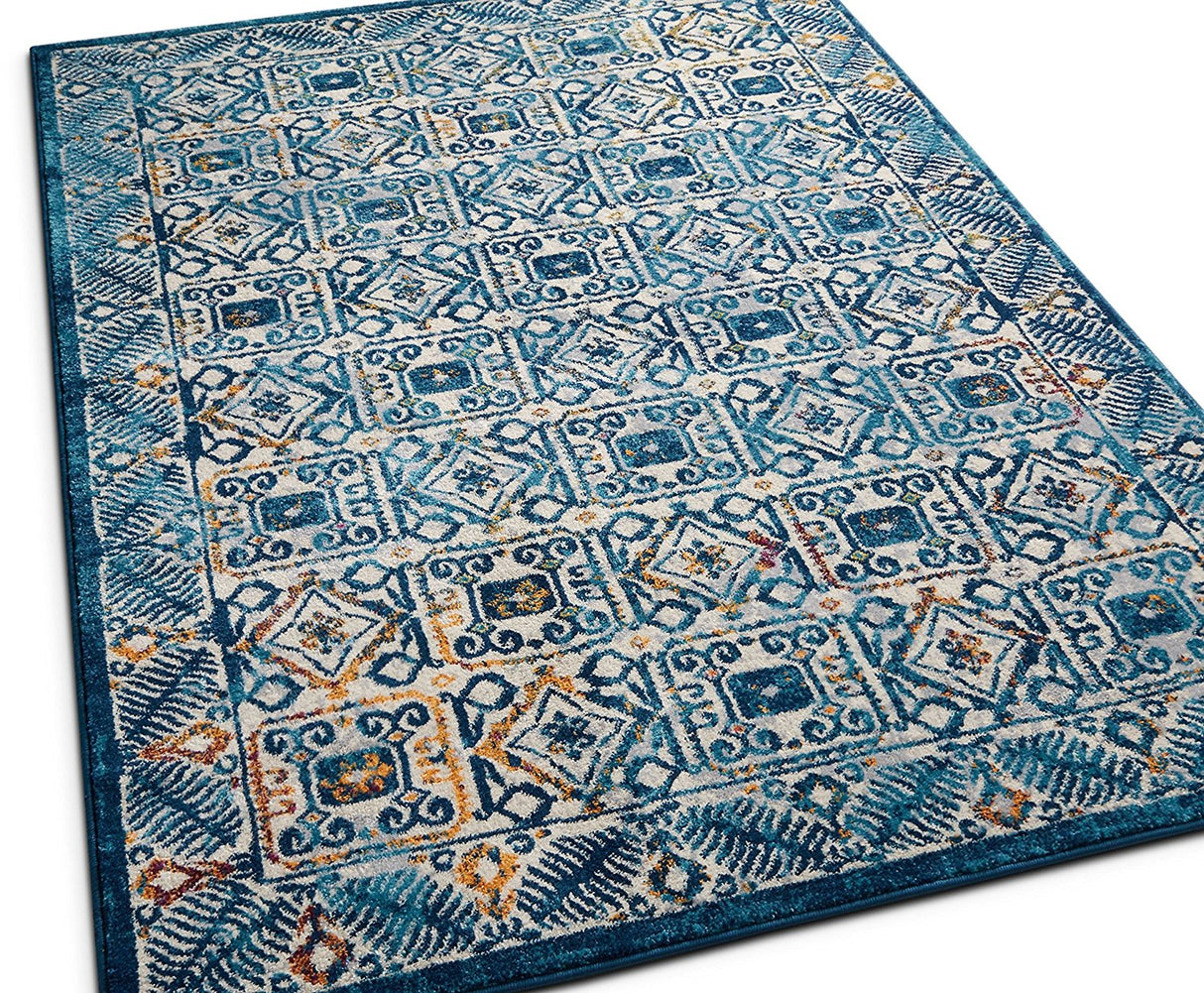 BlueBloom Vintage Teppich | Blumenmuster in Blau | Eleganz für Wohnzimmer & Flur | Pflegeleicht & Weich