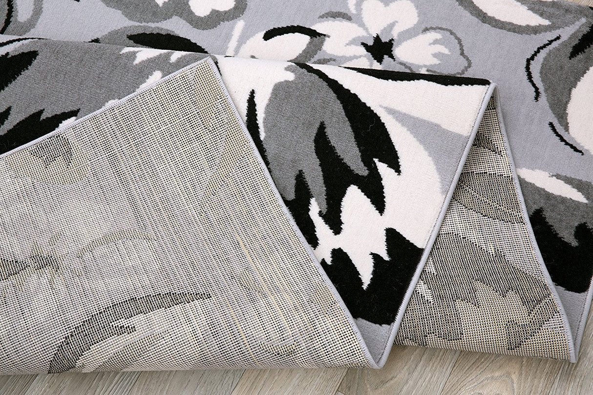 PetaloLoom Luxe Teppich | Grau, Schwarz & Weiß | Blumendesign | Pflegeleicht & Modern
