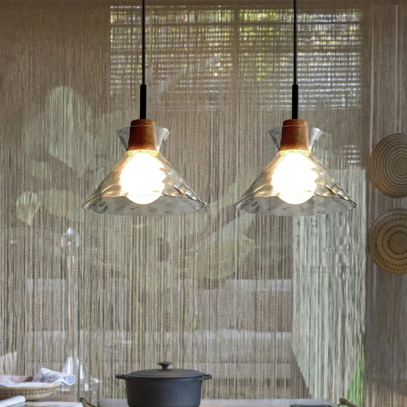 RippleWood Glas Pendelleuchte mit Holz | Modernes Design | Elegante Hängelampe | Nachhaltige Beleuchtung