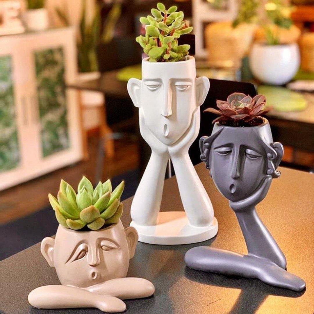 EmotionFaces Keramik Pflanztopf-Skulpturen Trio | Künstlerisches Design | Dekorative Pflanzgefäße