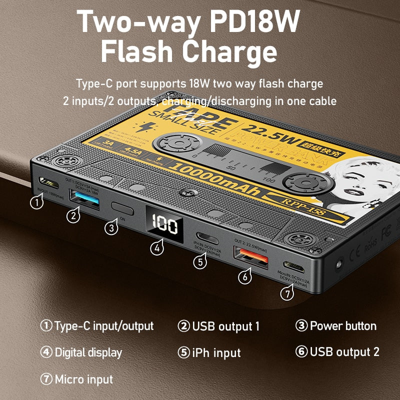 VoltCassette Retro Powerbank | Tragbares Ladegerät | Vintage Design | 10.000mAh Akku für Unterwegs